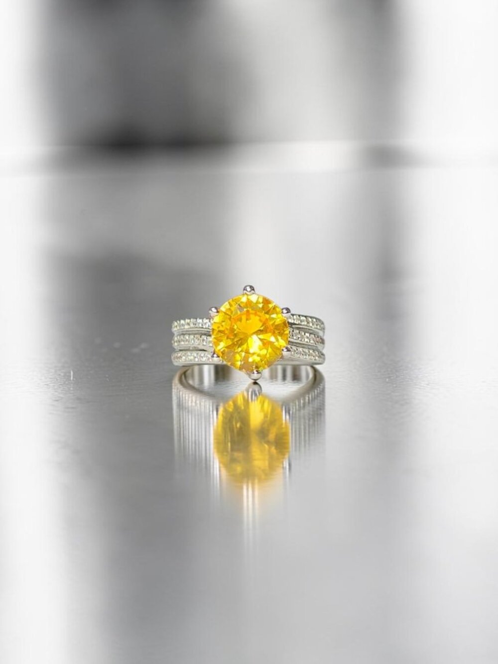 Sterling Silver 925 Canary Yellow Round Cut Solitaire Triple Band Ring Size 7.5